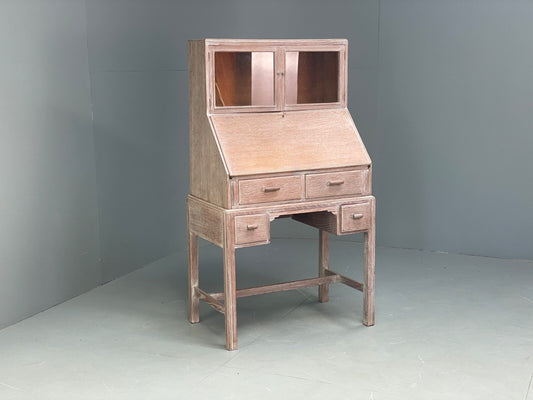 Limed Oak Bureau Bookcase Heal's Style 1930s Vintage Design Drawers EB9501 MWOO - UKDK FURNITURE