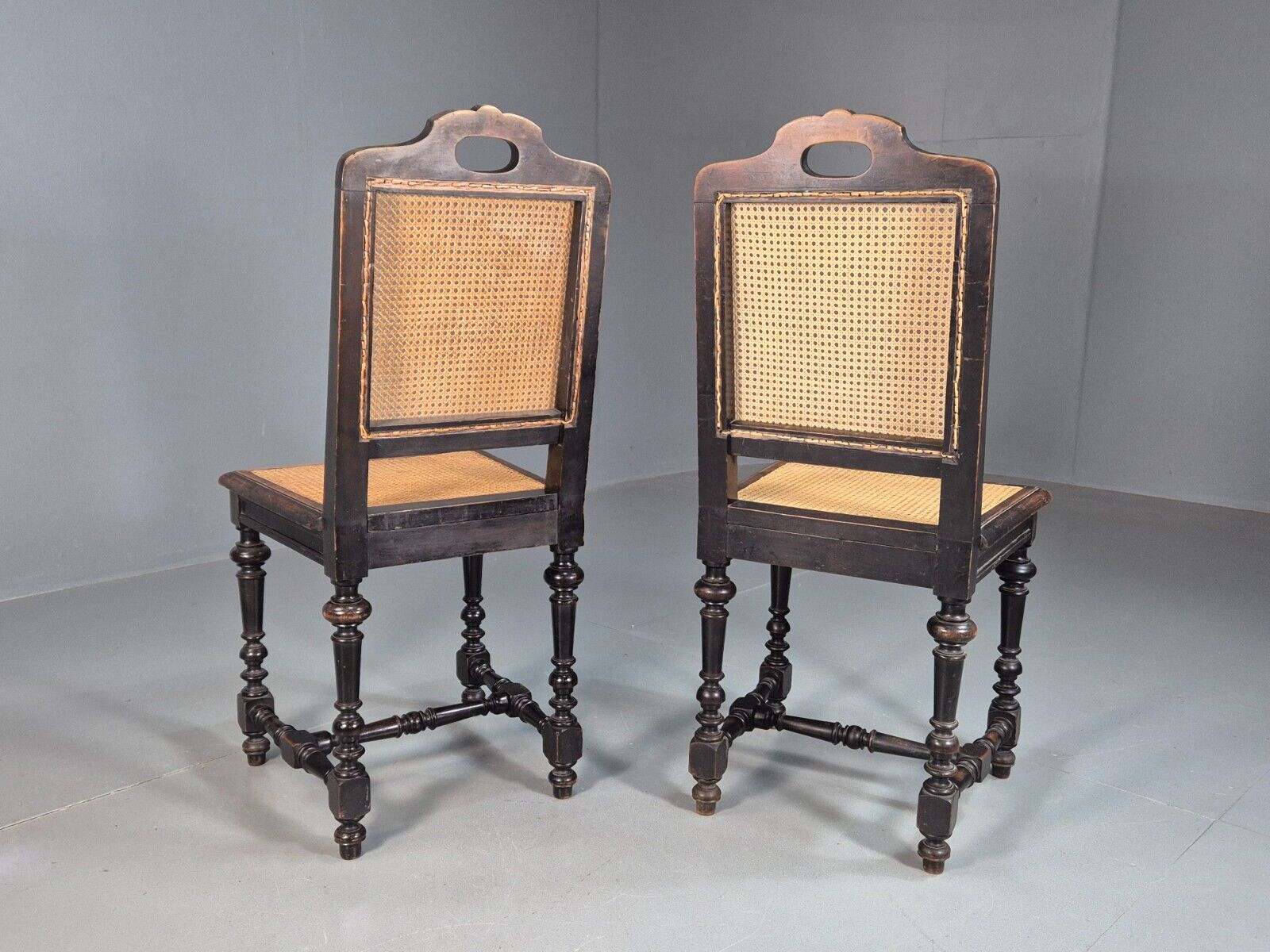 2 Vintage Dining Chairs Bergere Ebonised Aesthetic Movement Antique EB7975 VBER - UKDK FURNITURE
