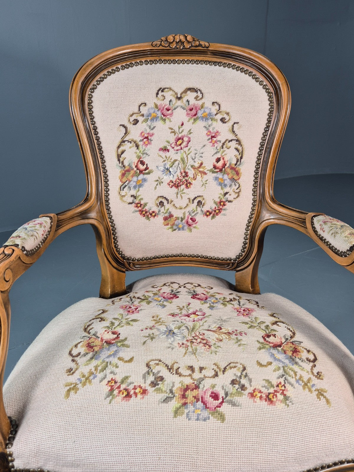 French Rococo Fauteuil Chair Floral Embroidered 1960s Retro EB10777 VDIN13