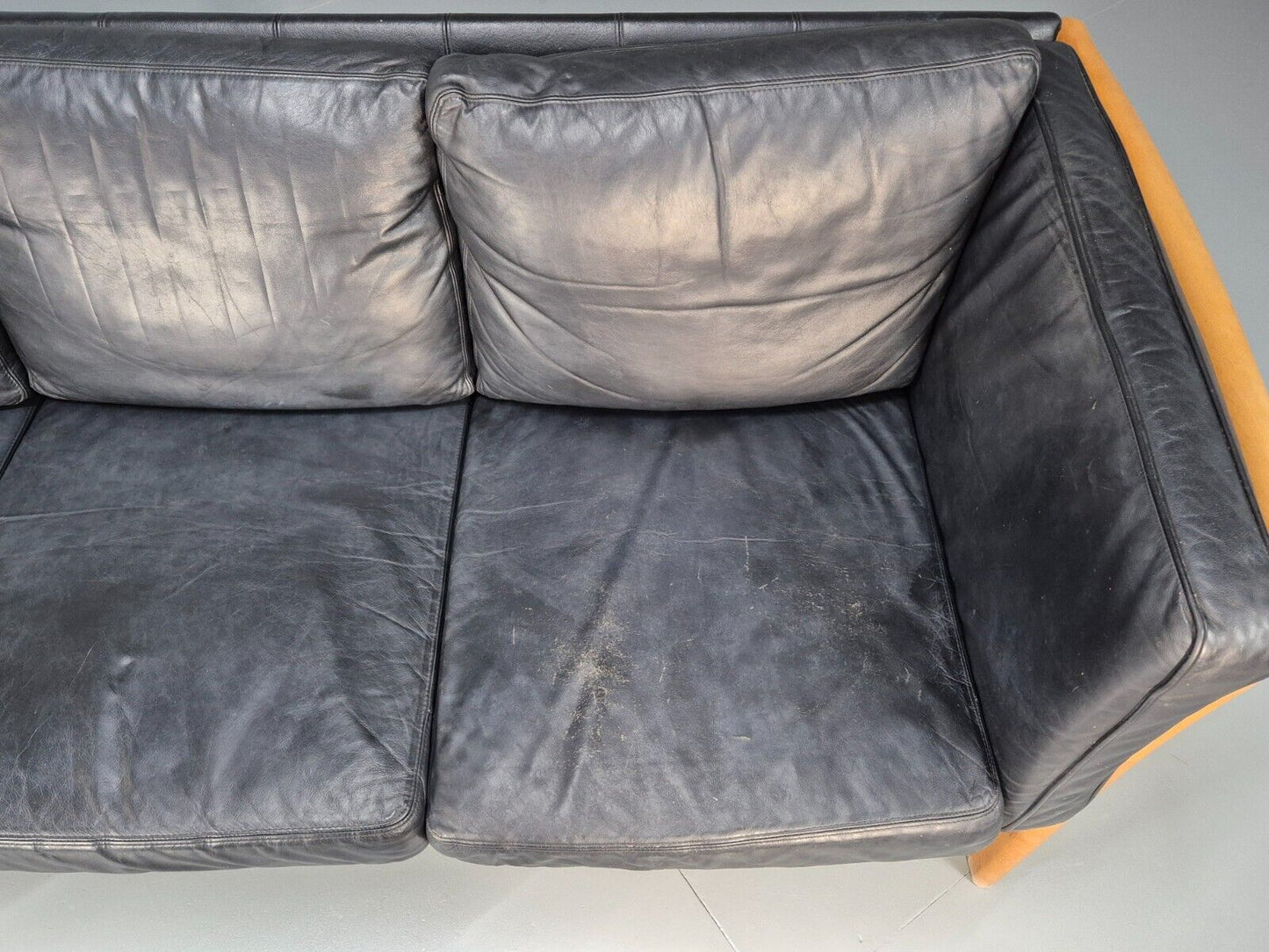 Vintage 3 Seat Sofa Black Leather Beech Ends Stouby Retro 1980s MCM EB8593 M3SS - UKDK FURNITURE