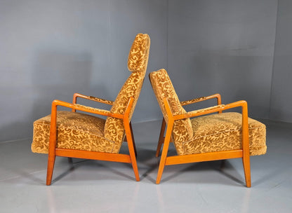 2 Swedish Lounge Chairs Gold Floral Moquette Beech Vintage 1960s MCM EB7031 MNOR6