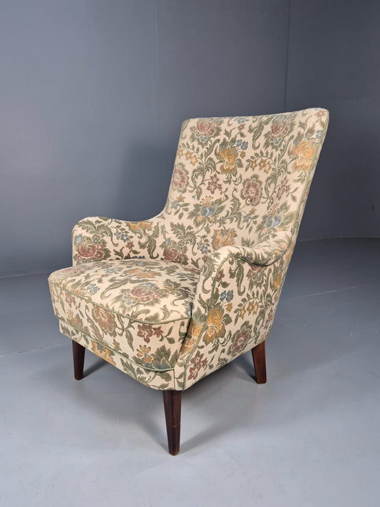 Vintage Danish Tub Chair Floral Cotton Upholstery Curved Form EB9613 MNOR - UKDK FURNITURE