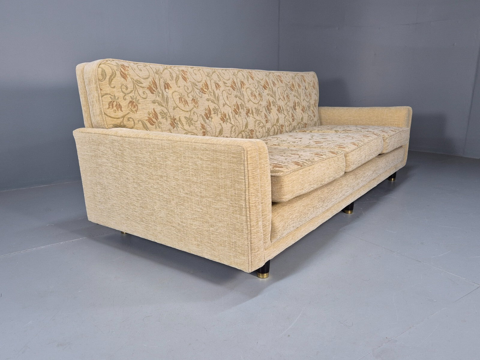 Vintage 1960s Sofa Cream Floral Upholstery 3 Seat Quality Retro EB9680 M3SS - UKDK FURNITURE