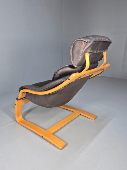 Vintage Black Leather Armchair Blonde Bentwood 1980s Danish MCM EB9256 MBEN6