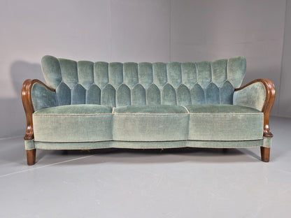 Vintage Danish Art Deco Sofa Blue Velvet Velour Oak Frame Shell Back EB9591 V3SS - UKDK FURNITURE