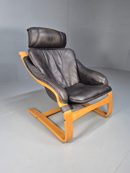 Vintage Black Leather Armchair Blonde Bentwood 1980s Danish MCM EB9256 MBEN2