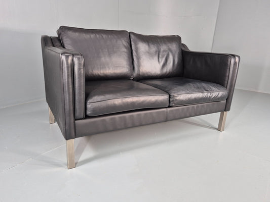 Vintage 2 Seat Leather Sofa Mid Century Danish Mogensen shape Black EB10465 M2SS0