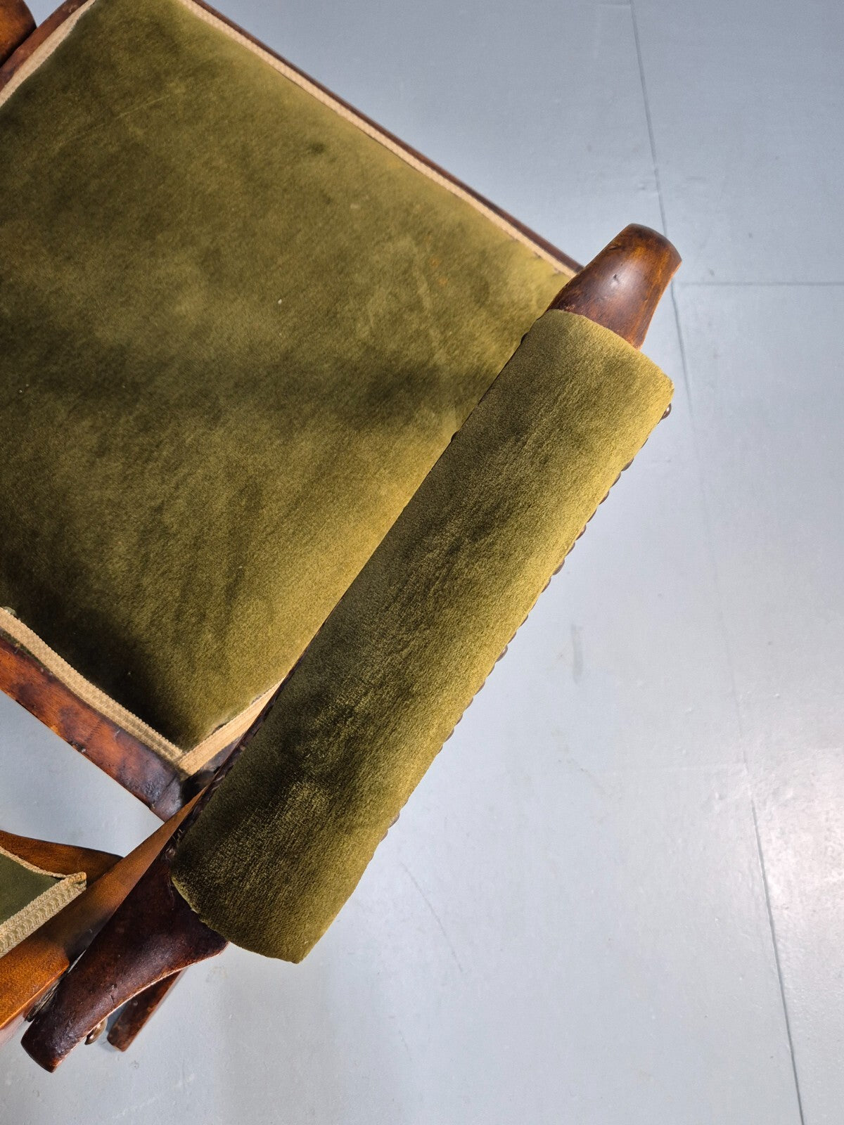 Antique Campaign Chair in Green Velour and Mahogany Victorian EB9696 VCLO - UKDK FURNITURE