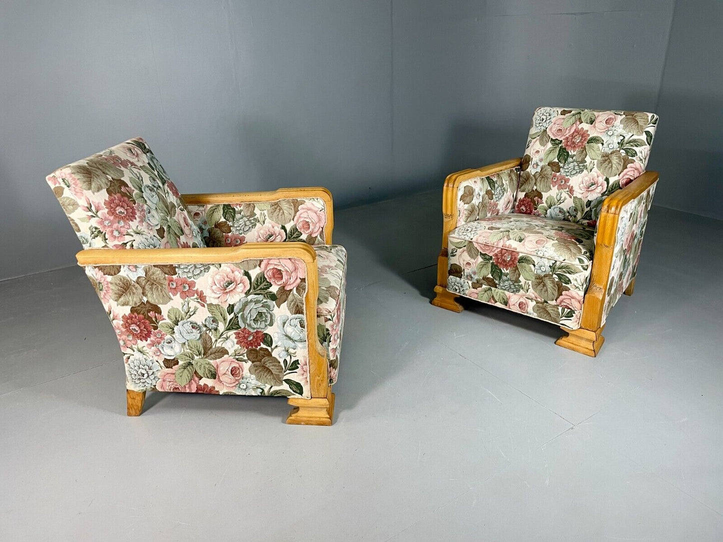 EB6654 2 Vintage Danish Lounge Chairs Floral Honey Oak Art Deco Antique VCLO - UKDK FURNITURE