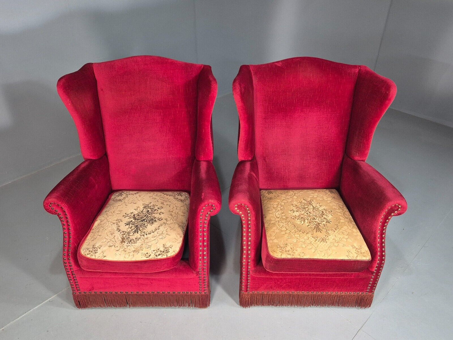 Pair Vintage Danish Wing Back Red Velour Studded Armchairs EB8059 VCLO - UKDK FURNITURE
