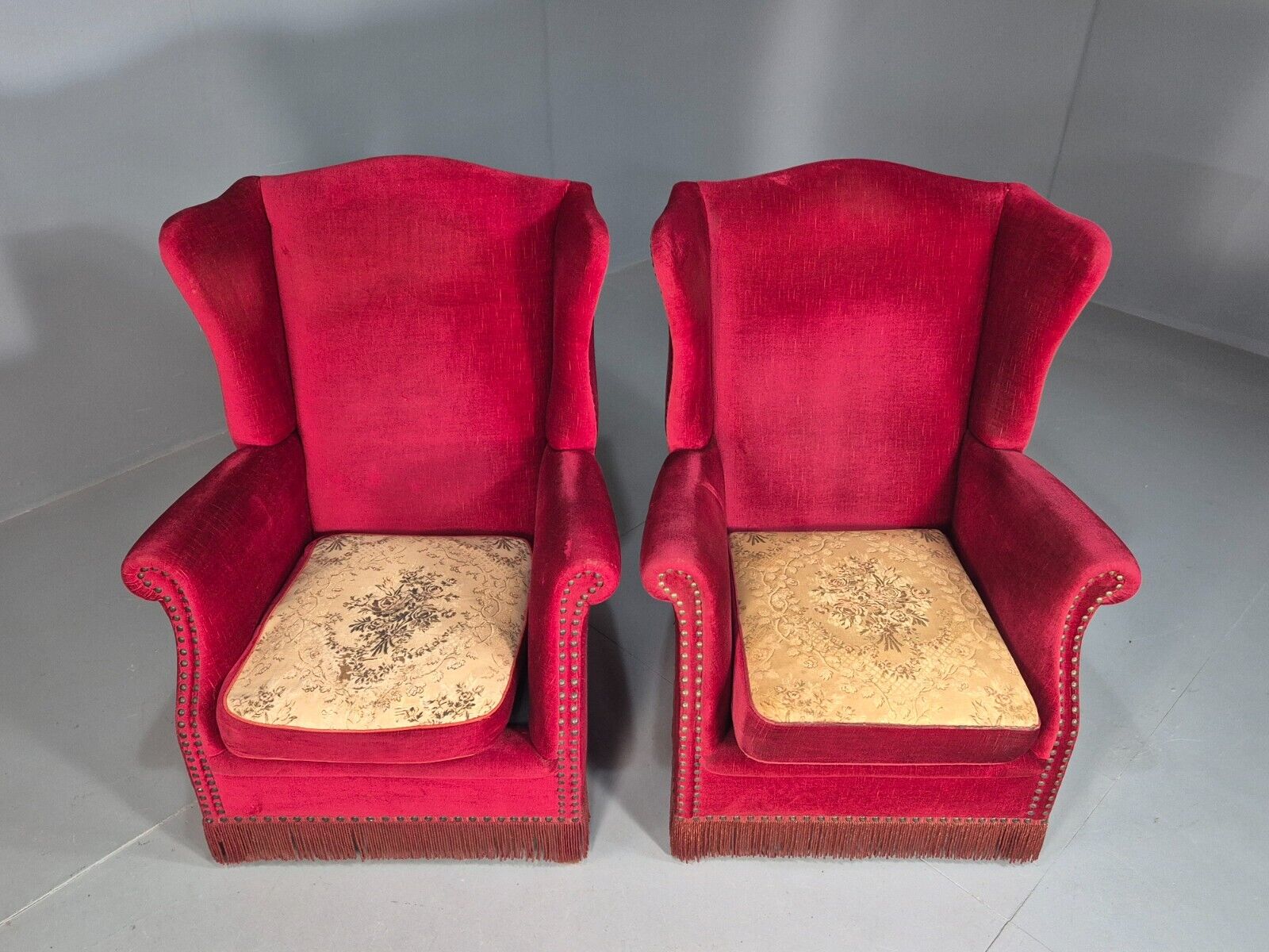 Pair Vintage Danish Wing Back Red Velour Studded Armchairs EB8059 VCLO - UKDK FURNITURE