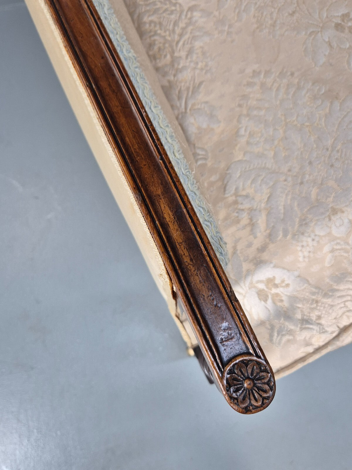 Antique Edwardian Mahogany Armchair Satin Creme Leaf Pattern Fabric EB8446 VCLO - UKDK FURNITURE
