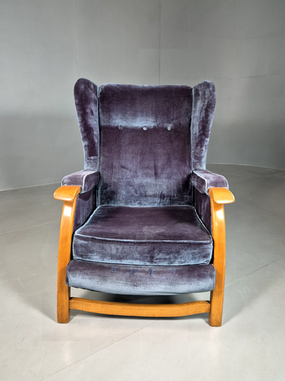 Vintage Lounge Wingback Chair Blue Velour Beech Frame 1950 Retro MCM EB7108 VCLO1