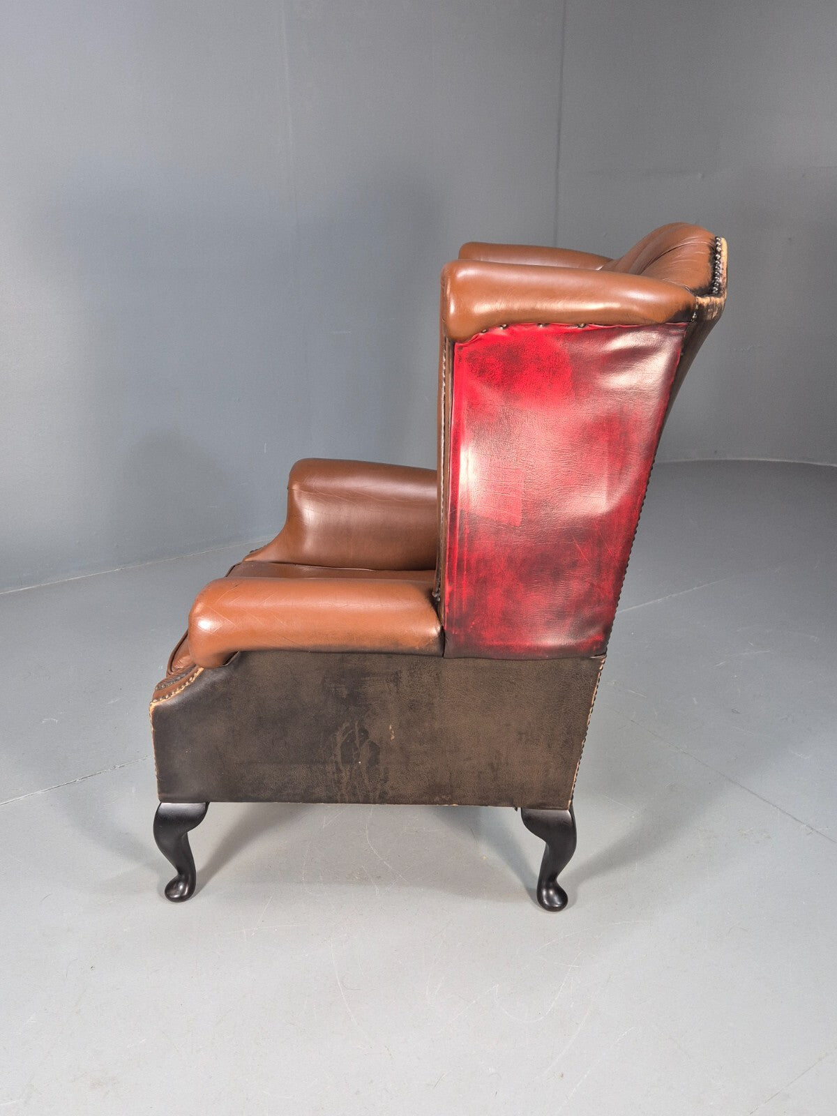 Vintage Leather Wingback Queen Anne Chair Brown 1980s Retro EB9543 VLEA - UKDK FURNITURE