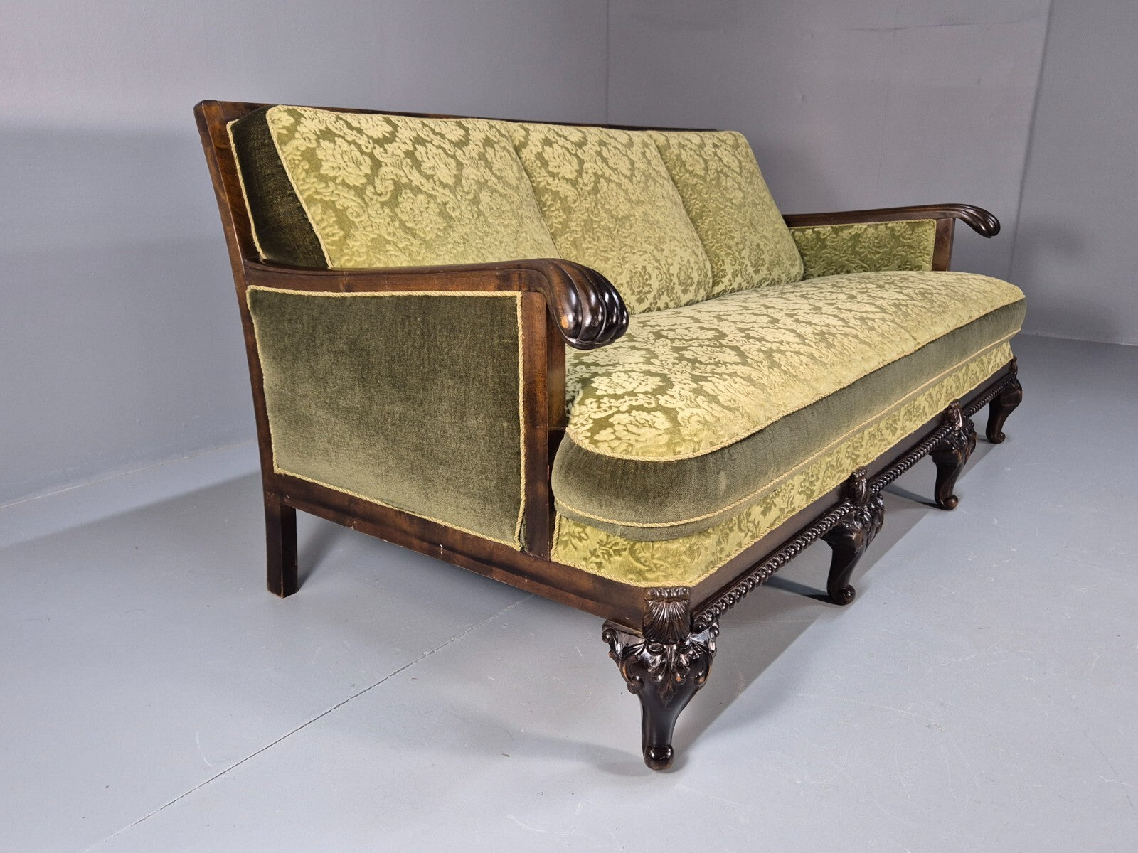 Antique Danish Baroque Style 3 Seat Sofa Green Moquette Carved Wood EB9636 V3SS - UKDK FURNITURE