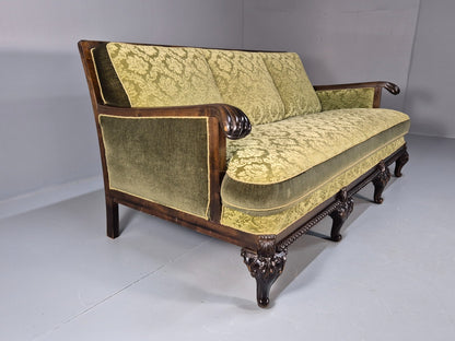 Antique Danish Baroque Style 3 Seat Sofa Green Moquette Carved Wood EB9636 V3SS - UKDK FURNITURE