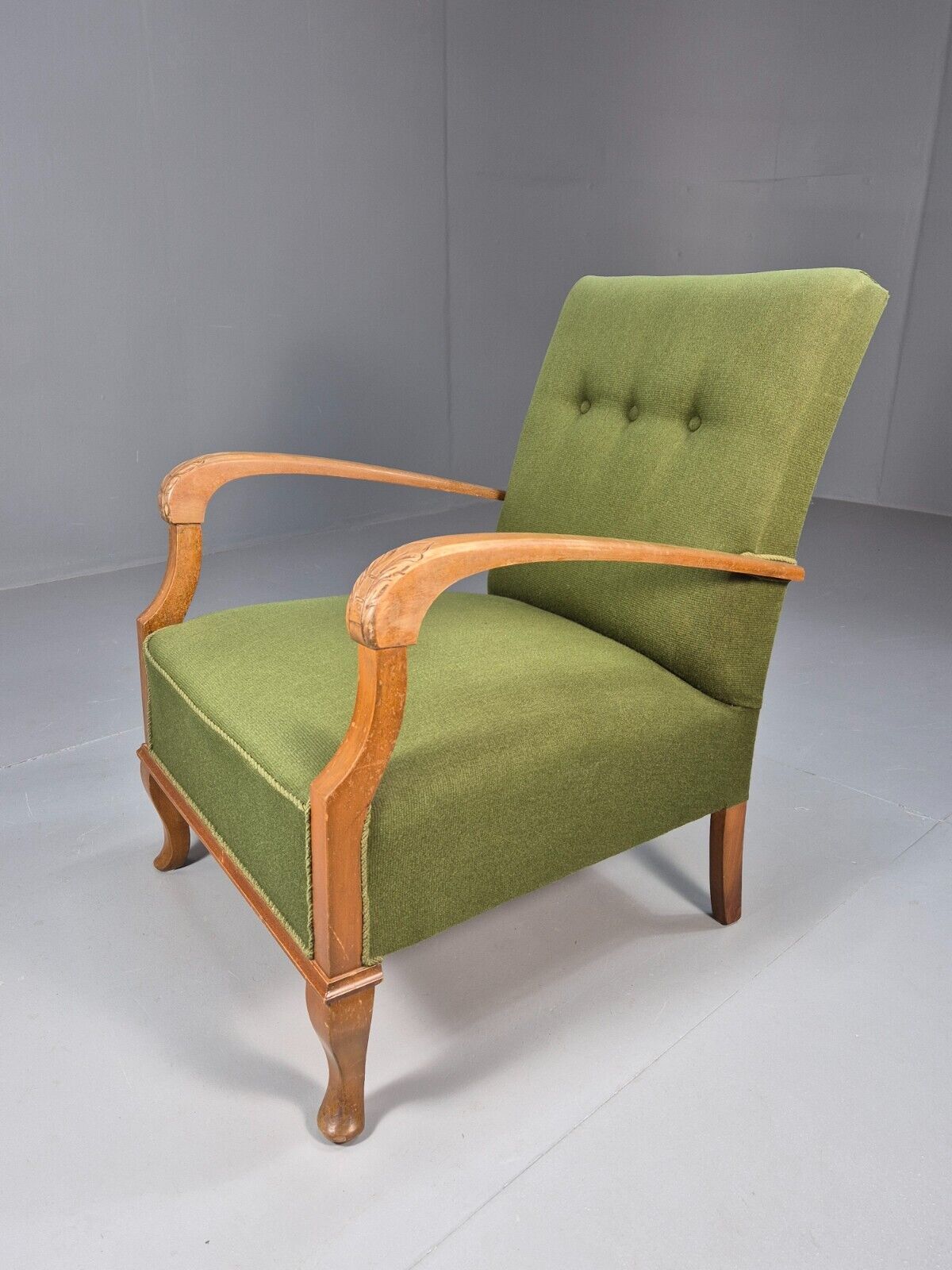 Vintage Danish Lounge Chair Green Wool Wood Arms Art Deco 1950s EB8973 VCLO - UKDK FURNITURE