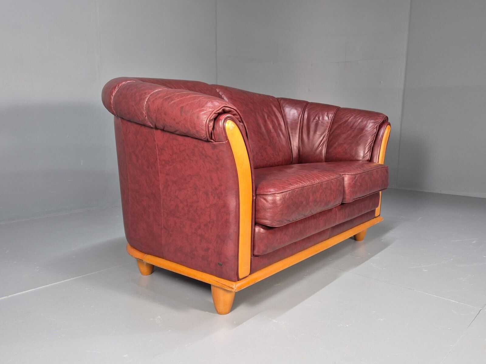 Vintage Danish 2 Seat Sofa Red Leather Wood Trim 1990s Retro EB8567 M2SS - UKDK FURNITURE