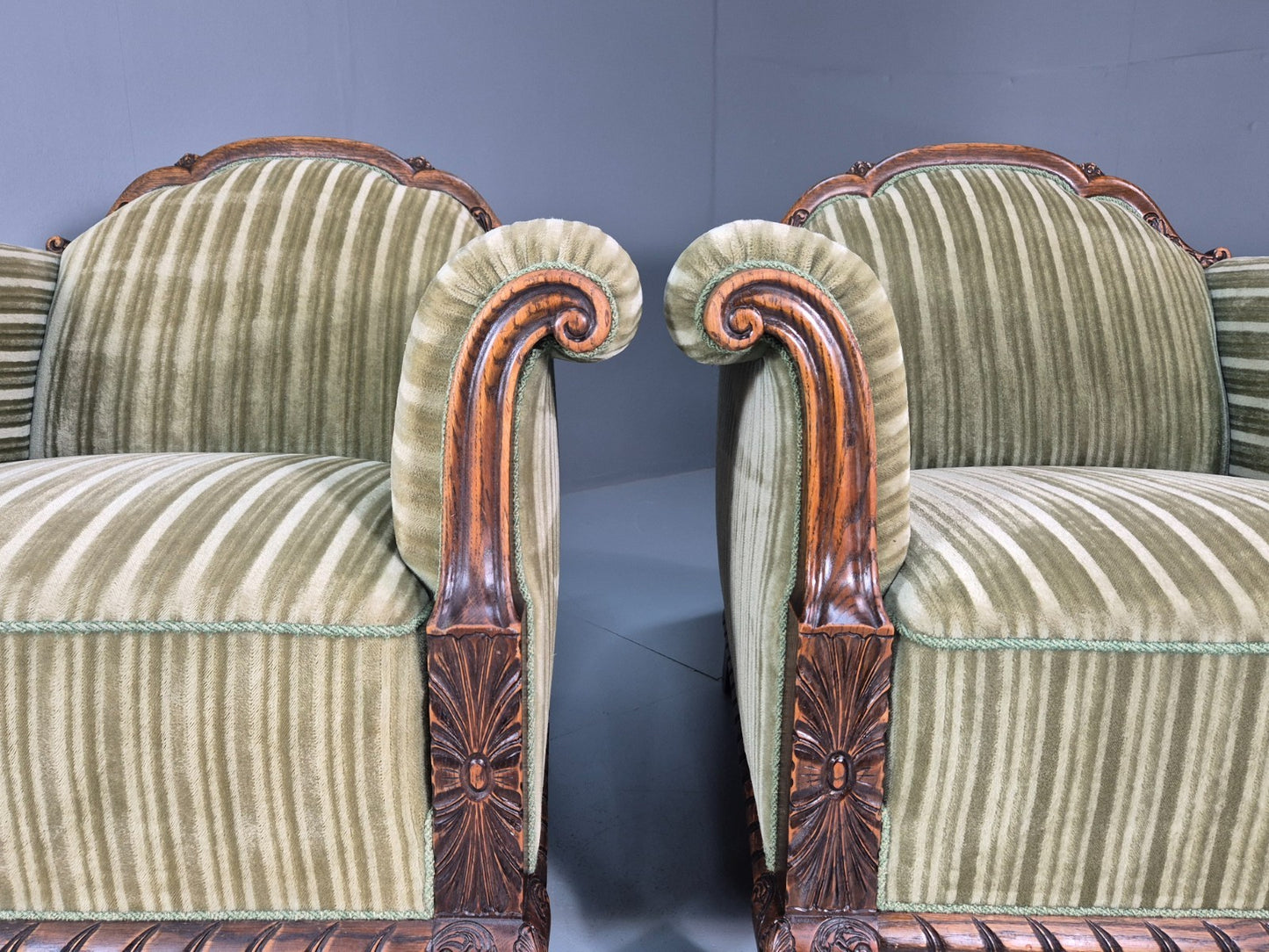 2 Antique Deep Lounge Chairs Oak Frame Green Corduroy 1900s  EB10758 VCAR4