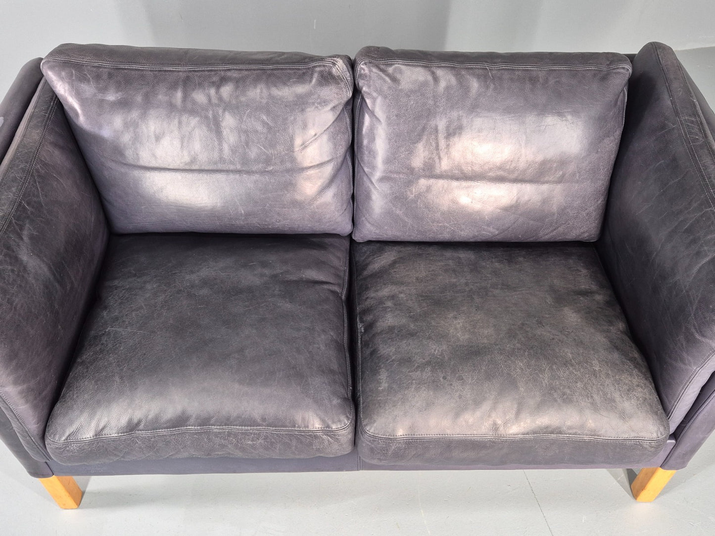 Vintage 2 Seater Sofa Danish Blue Leather Mid Century 1980s Retro EB9069 M2SS6