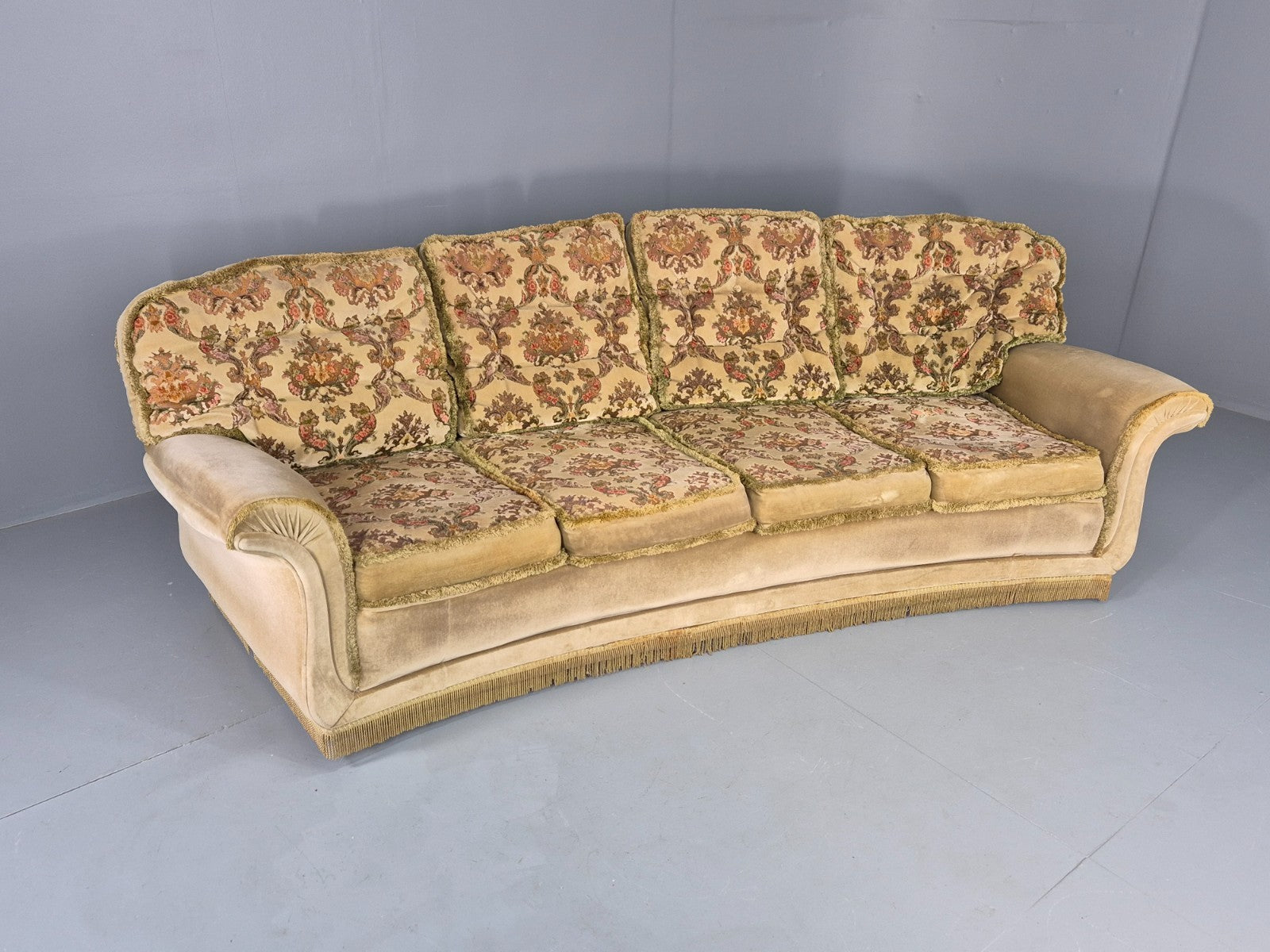 Vintage 4 Seater Sofa 1970s Retro Curved Green Velour EB11780 M4SS1