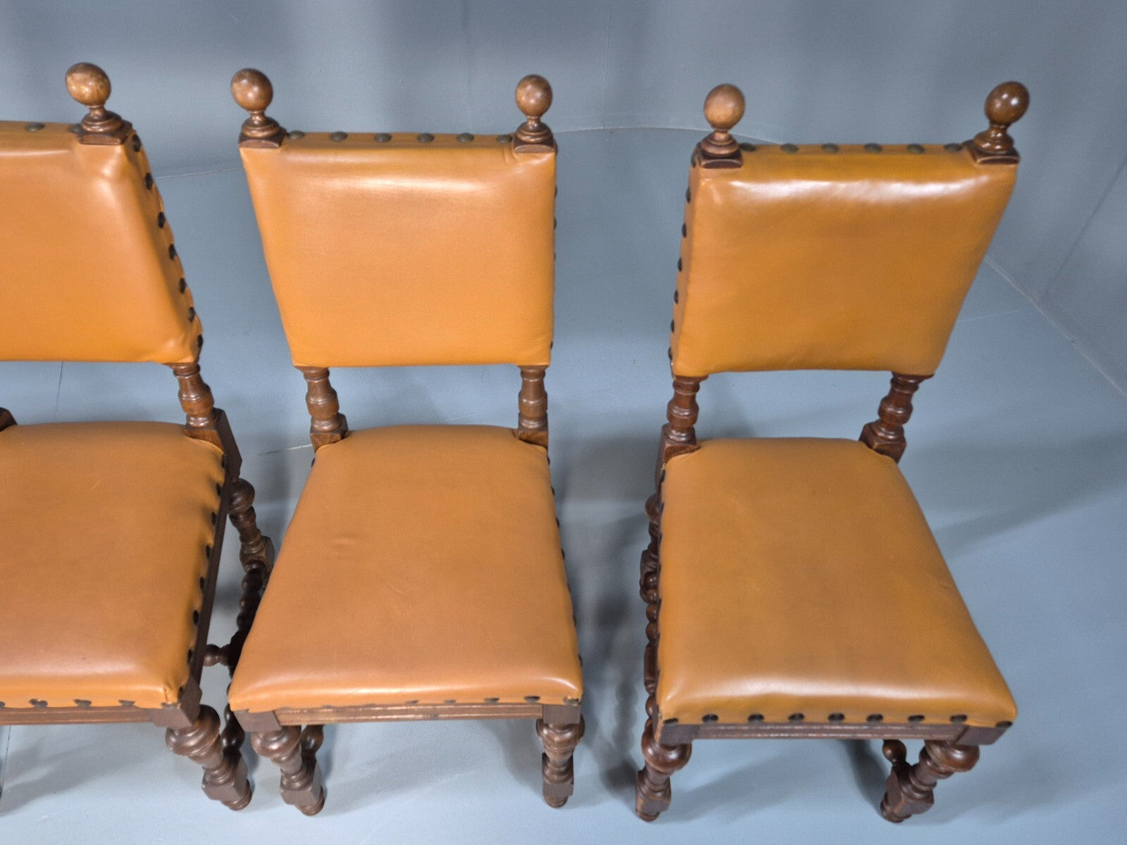 6 Vintage Danish Baroque Style Dining Chairs Tan Leather and Oak 50s EB9747 VDIN - UKDK FURNITURE