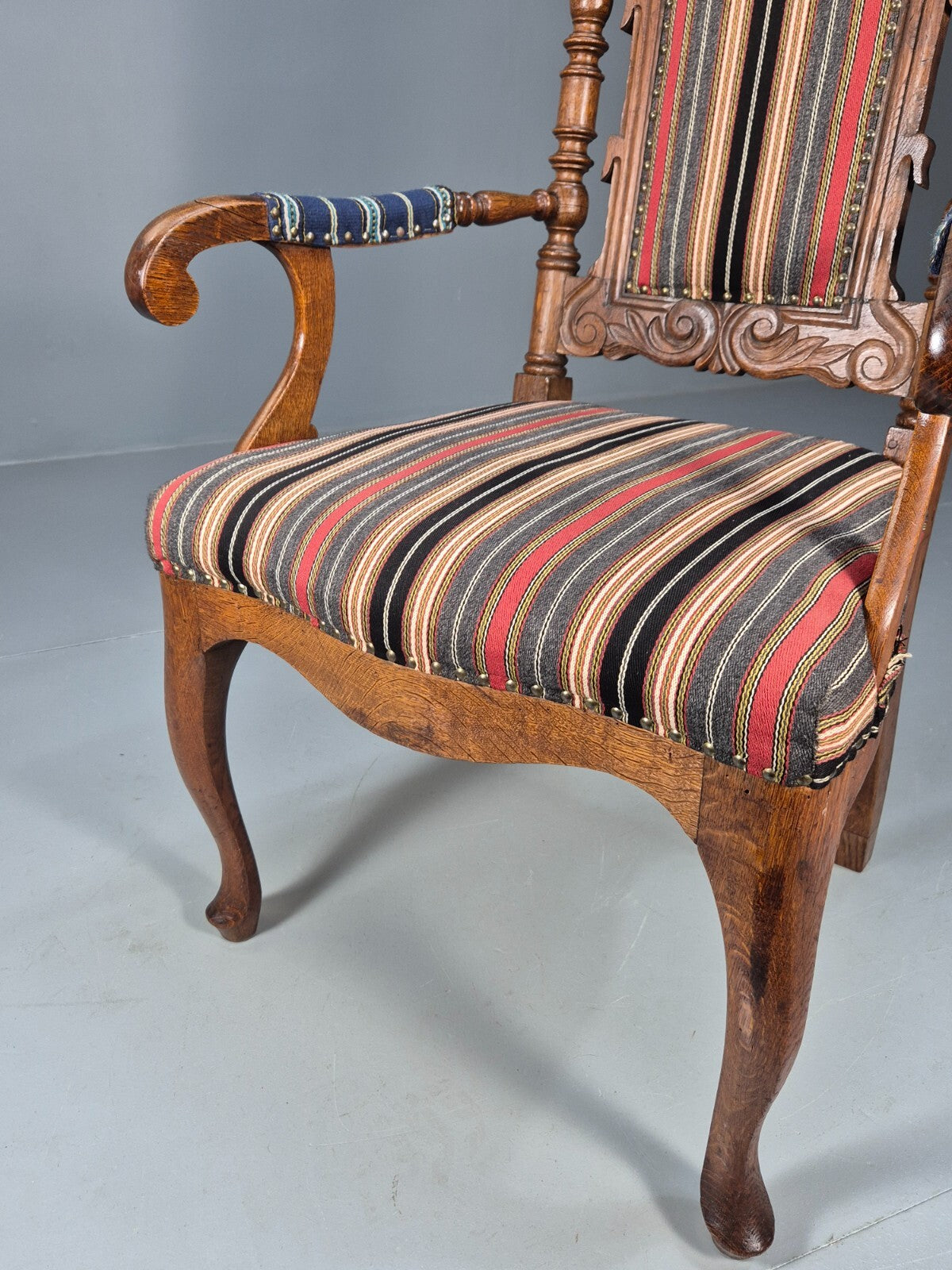Vintage Danish Antique Armchair Early C20th Oak Frame Striped Wool EB8915 VCAR - UKDK FURNITURE