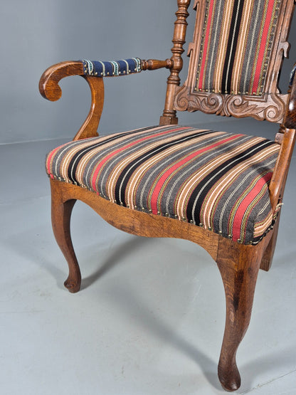 Vintage Danish Antique Armchair Early C20th Oak Frame Striped Wool EB8915 VCAR - UKDK FURNITURE