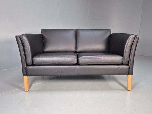 Vintage Danish 2 Seat Sofa Black Leather 1980s Retro MCM EB8536 M2SS - UKDK FURNITURE