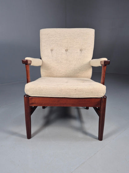 Vintage Danish Lounge Chair Beige Wool Wood Frame 1970s Retro EB8539 MNOR - UKDK FURNITURE
