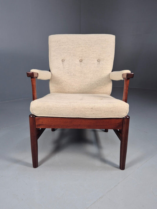 Vintage Danish Lounge Chair Beige Wool Wood Frame 1970s Retro EB8539 MNOR - UKDK FURNITURE