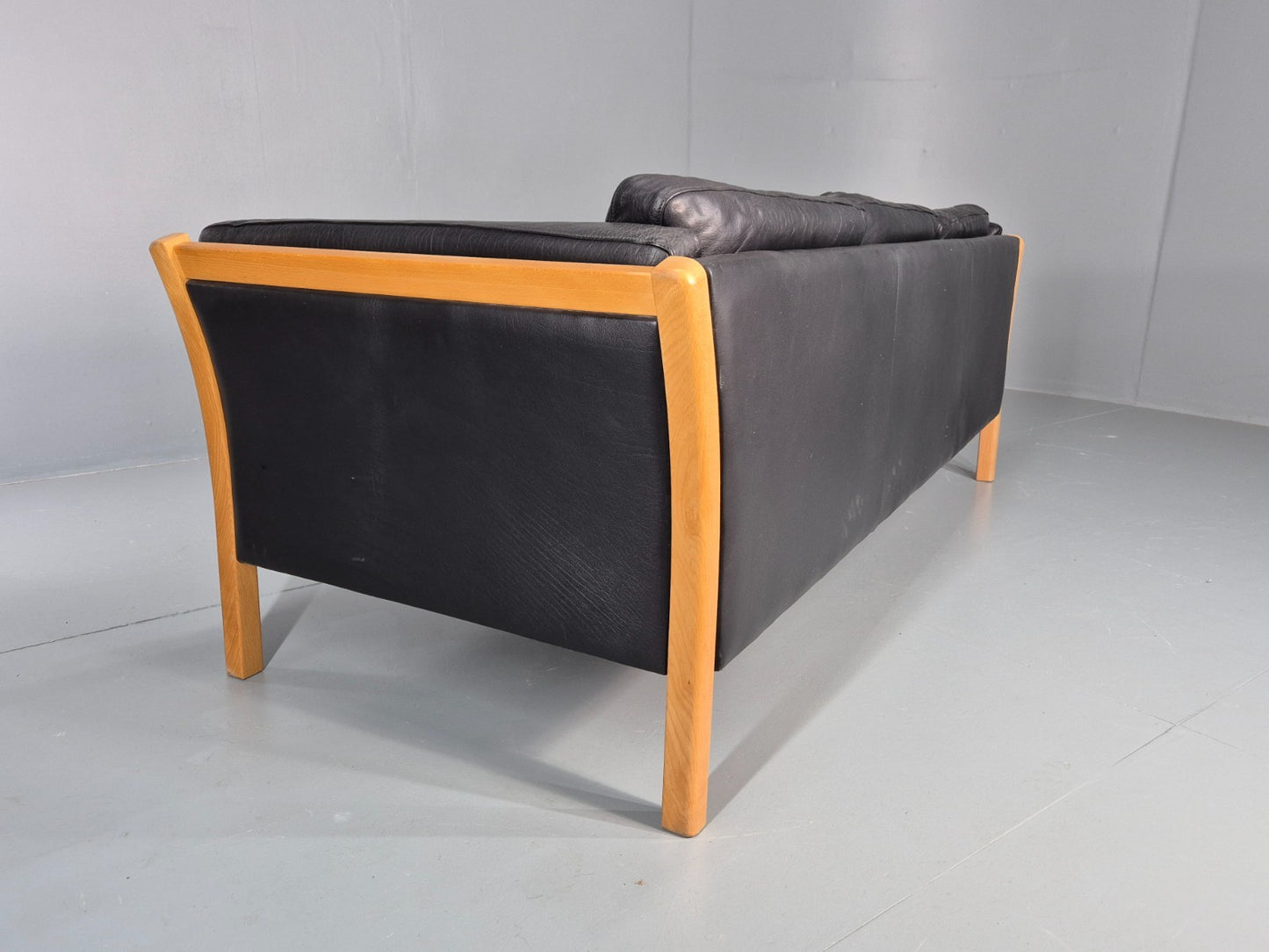 Vintage Stouby 3 Seat Sofa Danish Black Leather Beech End 1980s EB10556 M3SS18