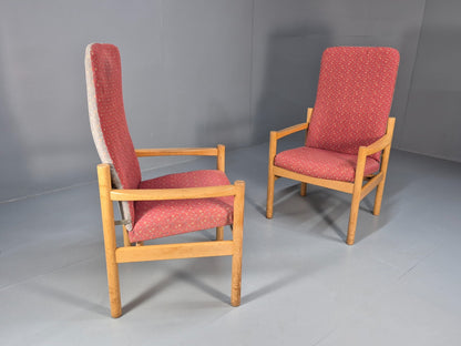 2 Vintage Danish High Back Armchairs Pink and Grey Oak Frame MCM EB9370 MNOR - UKDK FURNITURE