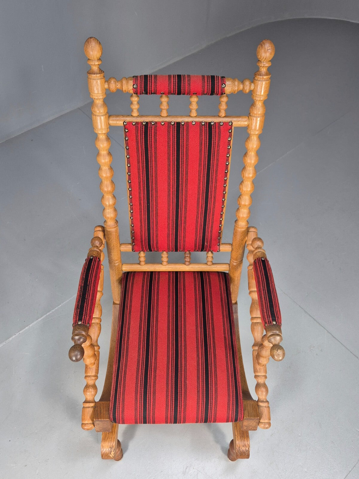 Vintage Danish Rocking Chair Oak Frame Red Stripe American Style EB9375 VCAR - UKDK FURNITURE