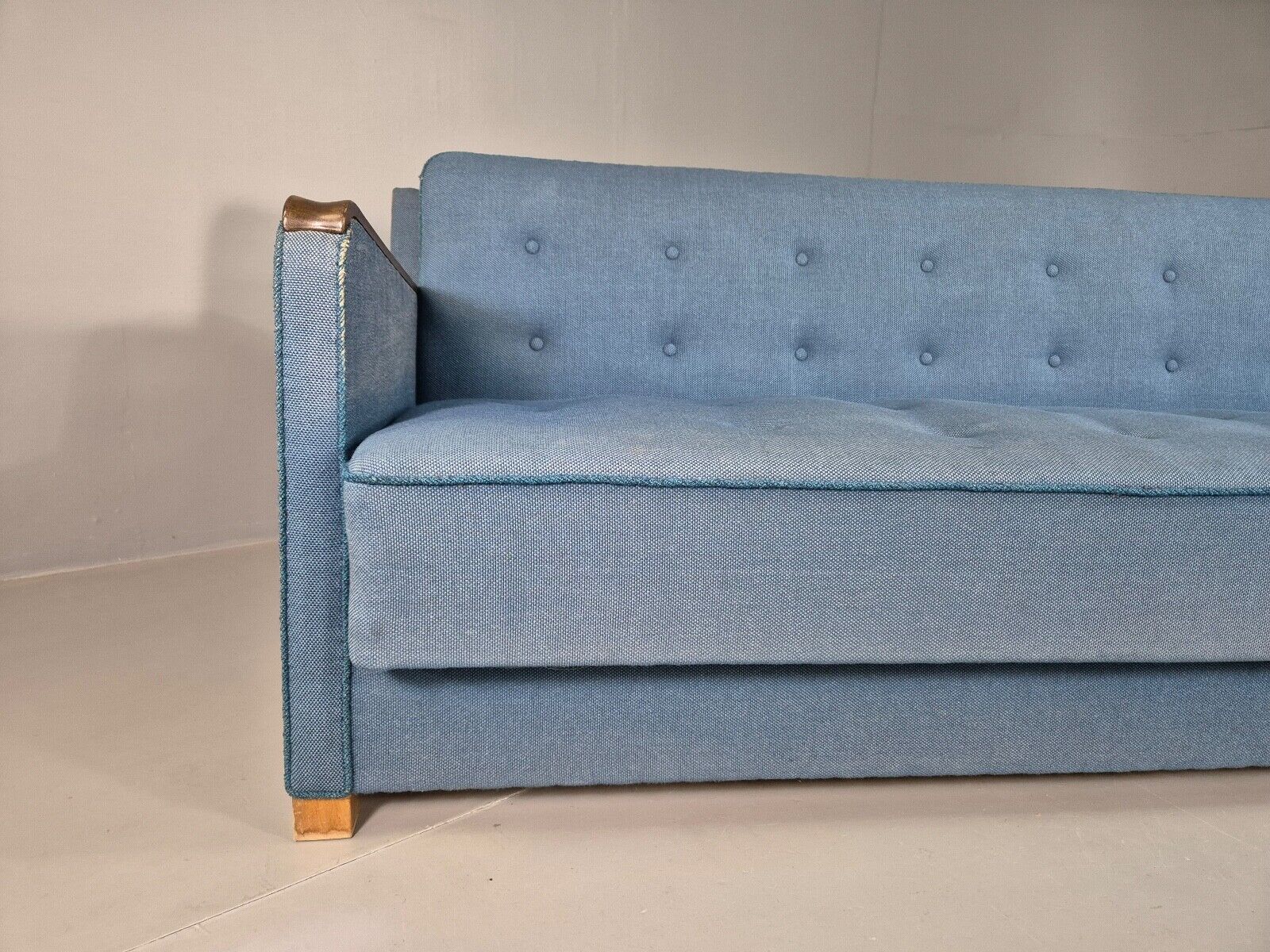 Vintage Danish Sofa Bed Blue Wool Teak Arms 1960s Retro MCM EB7259 M3SS - UKDK FURNITURE