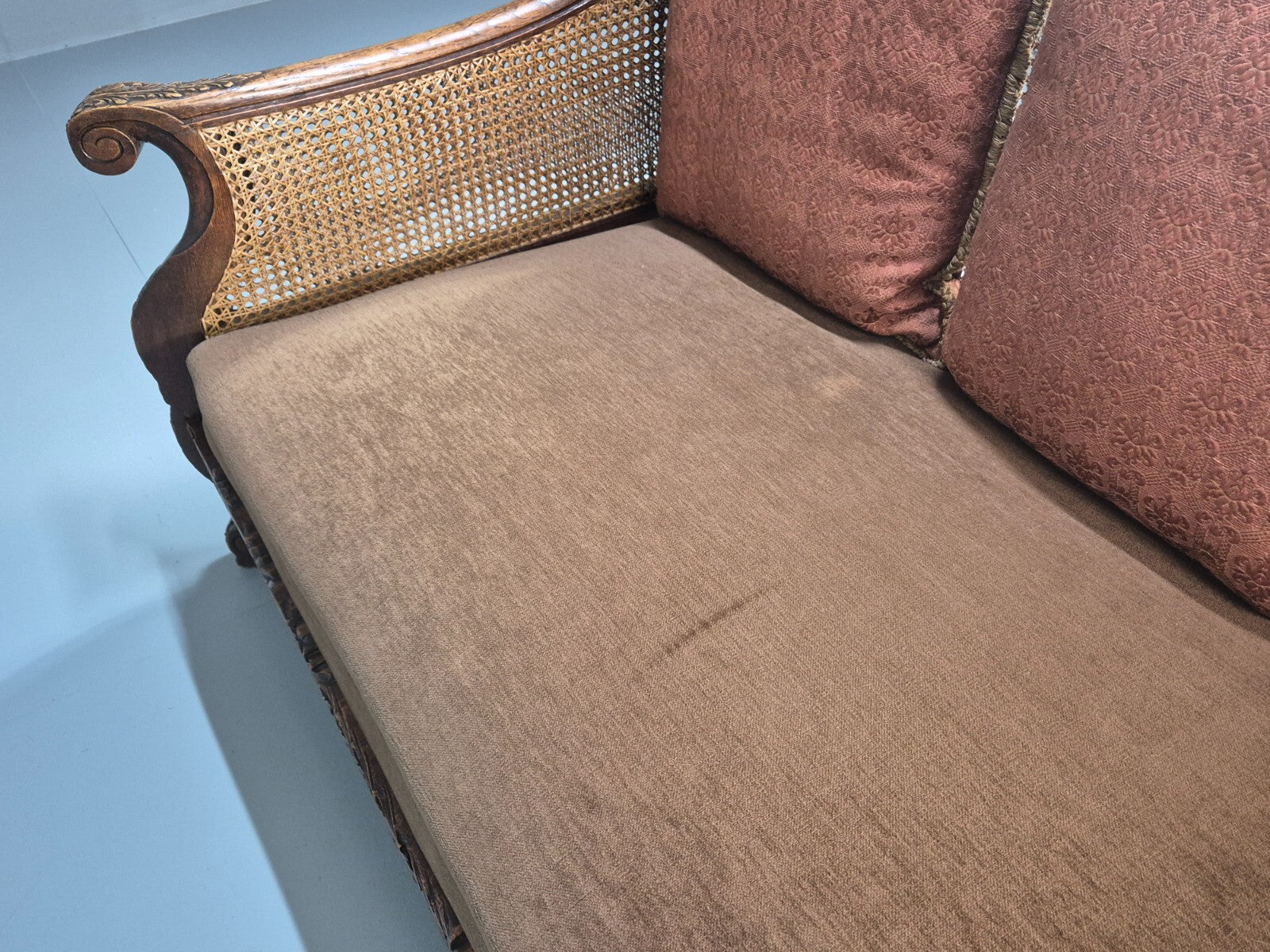 Vintage Danish 1920s Carved Oak Sofa Bergere Brown Velour Antique EB9544 V3SS - UKDK FURNITURE