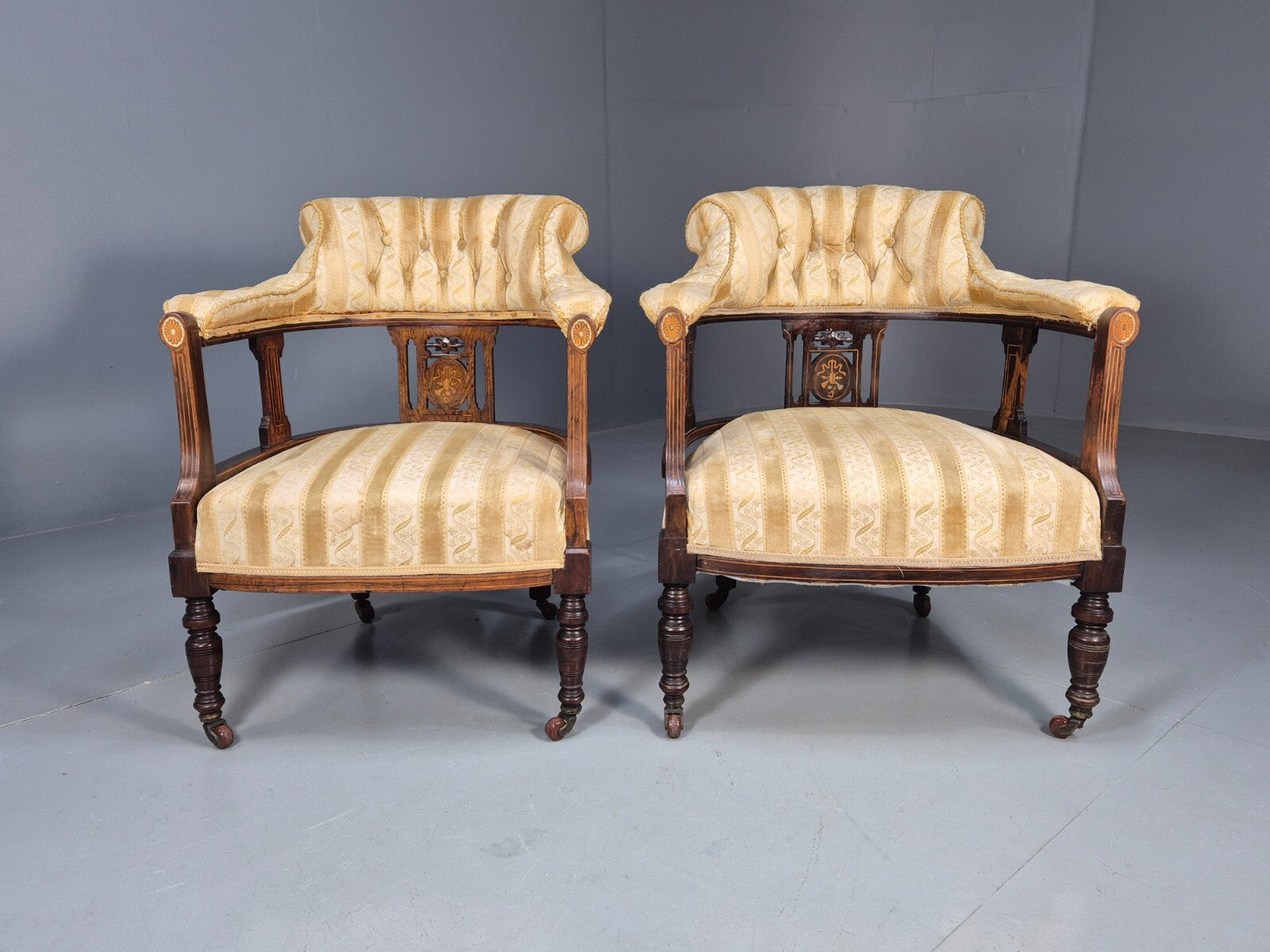 2 Vintage Lounge Chair Gold Stripe Mahogany Inlay Edwardian Revival EB8429 VCLO - UKDK FURNITURE