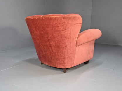Vintage Danish Art Deco shell back Lounge Chair Pink Velour Bun Feet EB9556 MNOR - UKDK FURNITURE