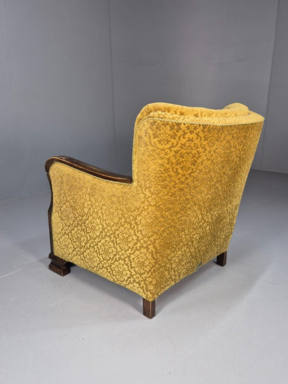 Vintage Danish Lounge Chair Gold Moquette Wood Frame 1920s Art Deco EB8975 VCLO - UKDK FURNITURE