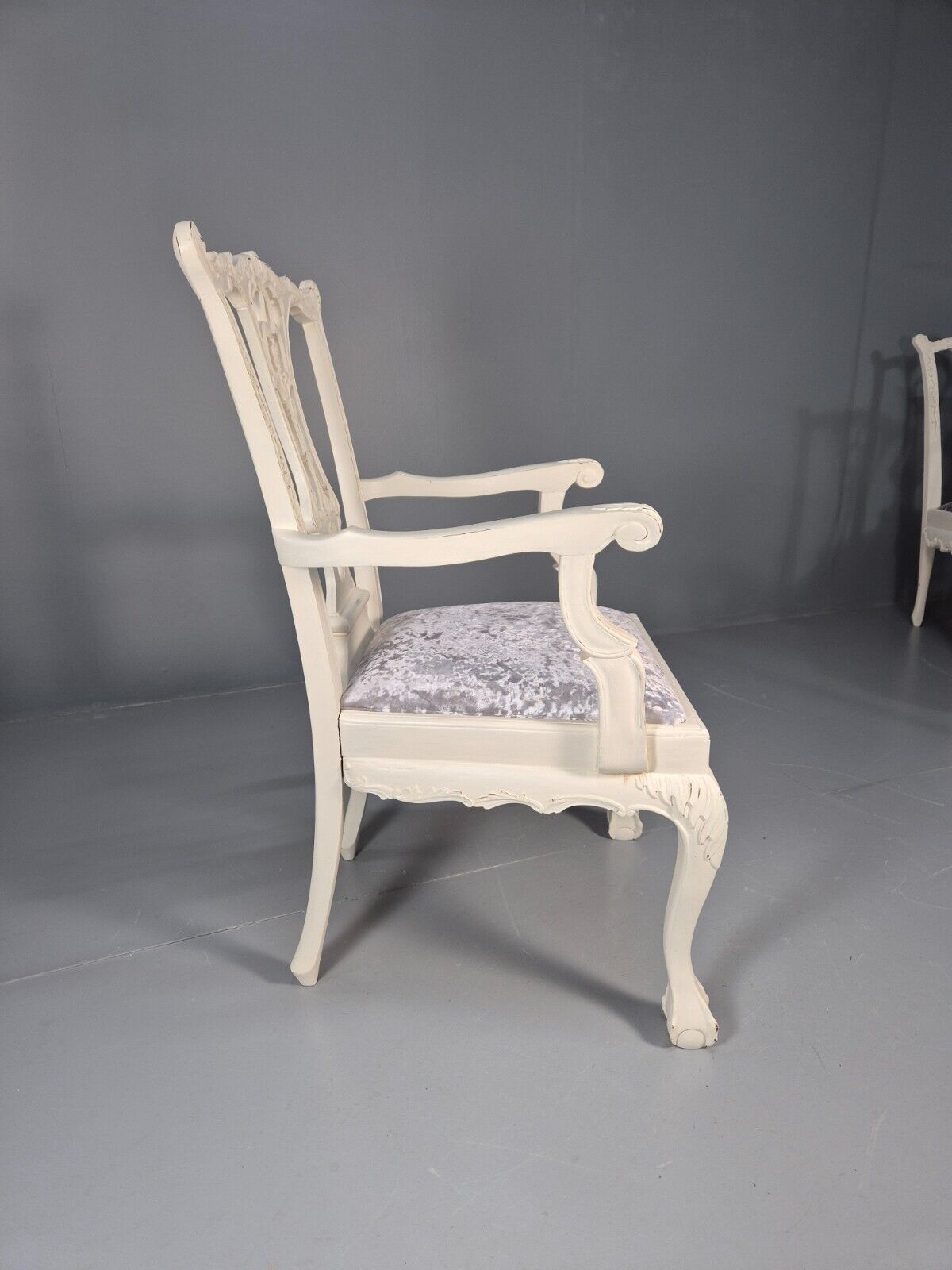 6 Vintage Chippendale Style Chairs White Painted Blue Chenille 1950s EB9394 VDIN - UKDK FURNITURE