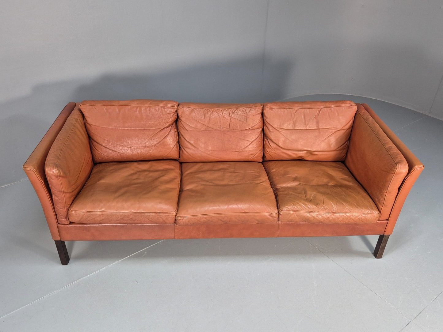 Retro Tan Leather Three Seater Sofa Vintage Danish Mid Century 1970 EB10078 M3SS4