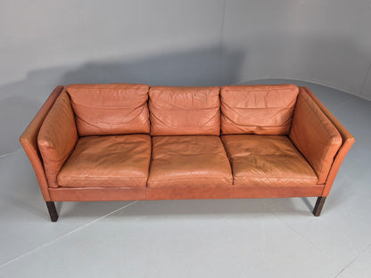 Retro Tan Leather Three Seater Sofa Vintage Danish Mid Century 1970 EB10078 M3SS4