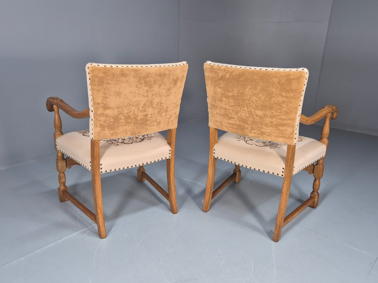 2 Baroque Elbow Chairs Oak Frame Vintage Denmark Floral Upholstery EB10727 VCAR9