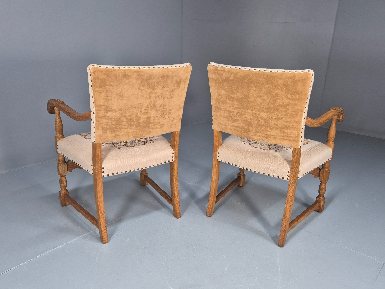 2 Baroque Elbow Chairs Oak Frame Vintage Denmark Floral Upholstery EB10727 VCAR9