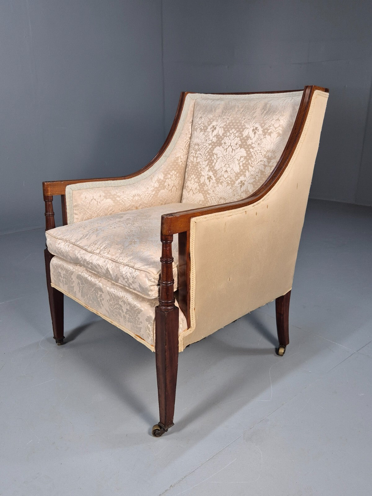 Antique Edwardian Mahogany Armchair Satin Creme Leaf Pattern Fabric EB8446 VCLO - UKDK FURNITURE