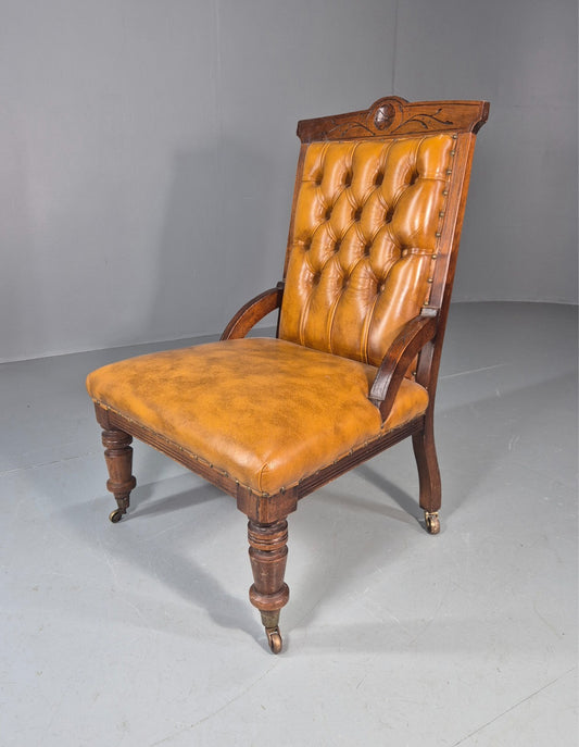 Antique Leather Lounge Chair Mahogany Colour Frame Late Victorian EB11657 VLEA0