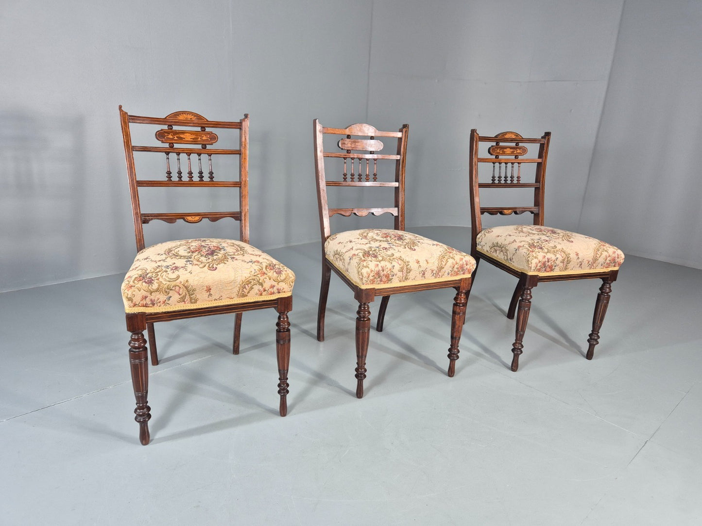 3 Antique Saloon Chairs Rosewood Frame Floral Seats Inlay Victorian EB10990 VDIN1