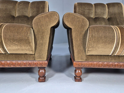2 Vintage Danish Lounge Chairs Green Velour Oak Frame 1970s Retro EB9027 MNOR - UKDK FURNITURE