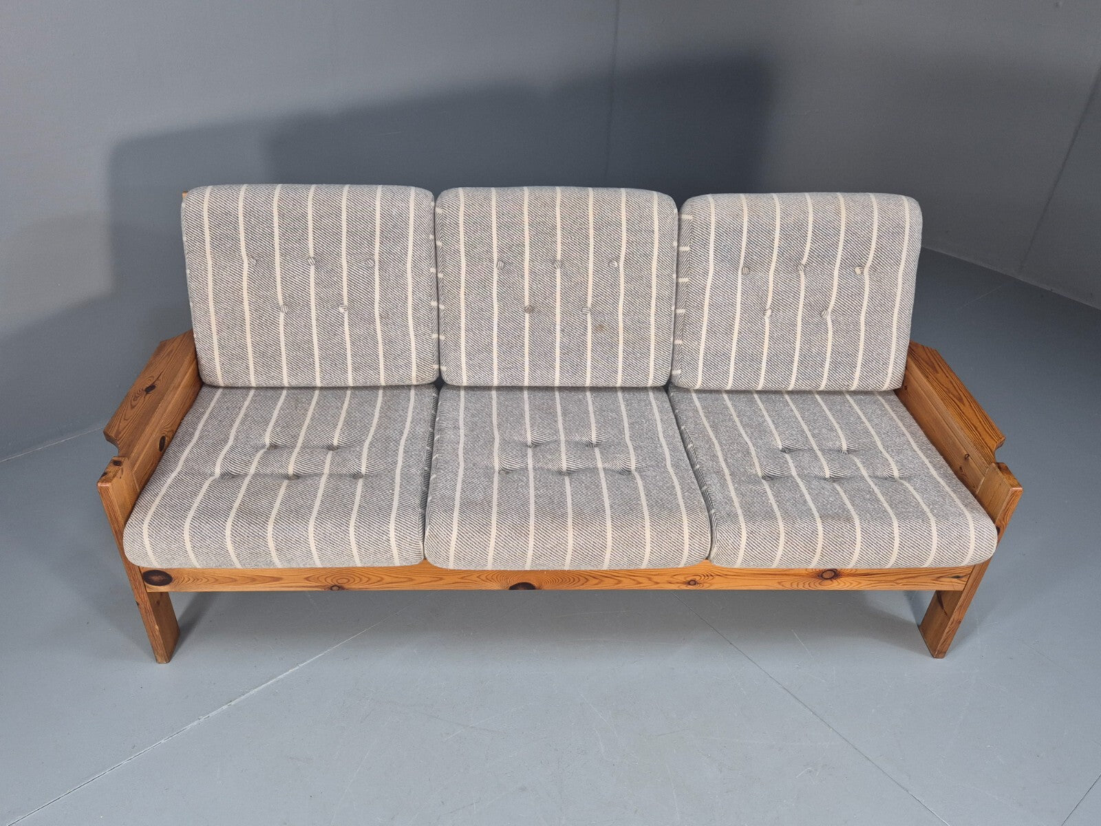 Vintage 3 Seater Pine Sofa Danish 1970s Retro Design Grey Striped EB9373 M3SS - UKDK FURNITURE