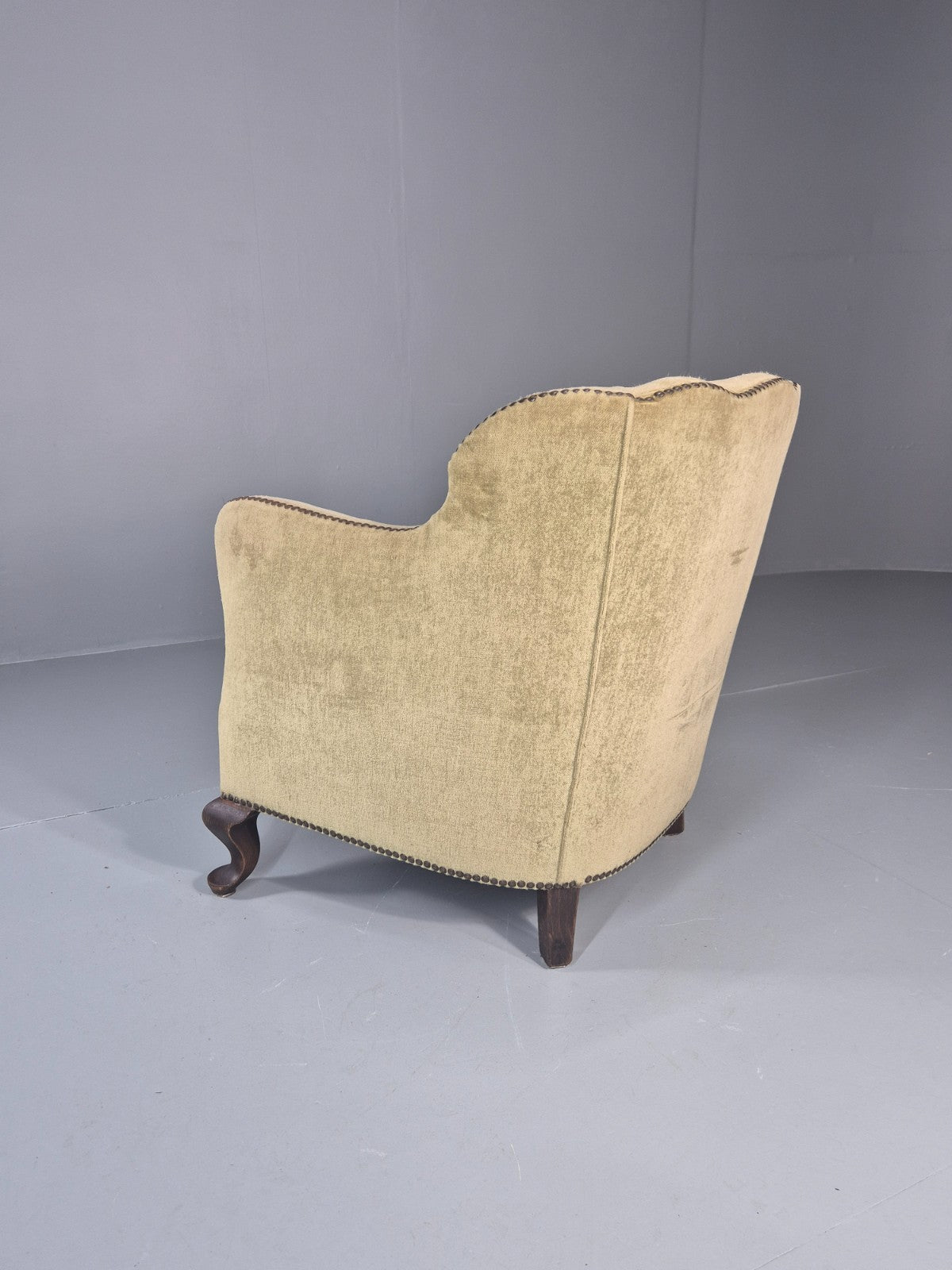 Danish Deco Lounge Chair 1930s Green Velour Stud Work Cabriole Leg EB11298 VCLO13